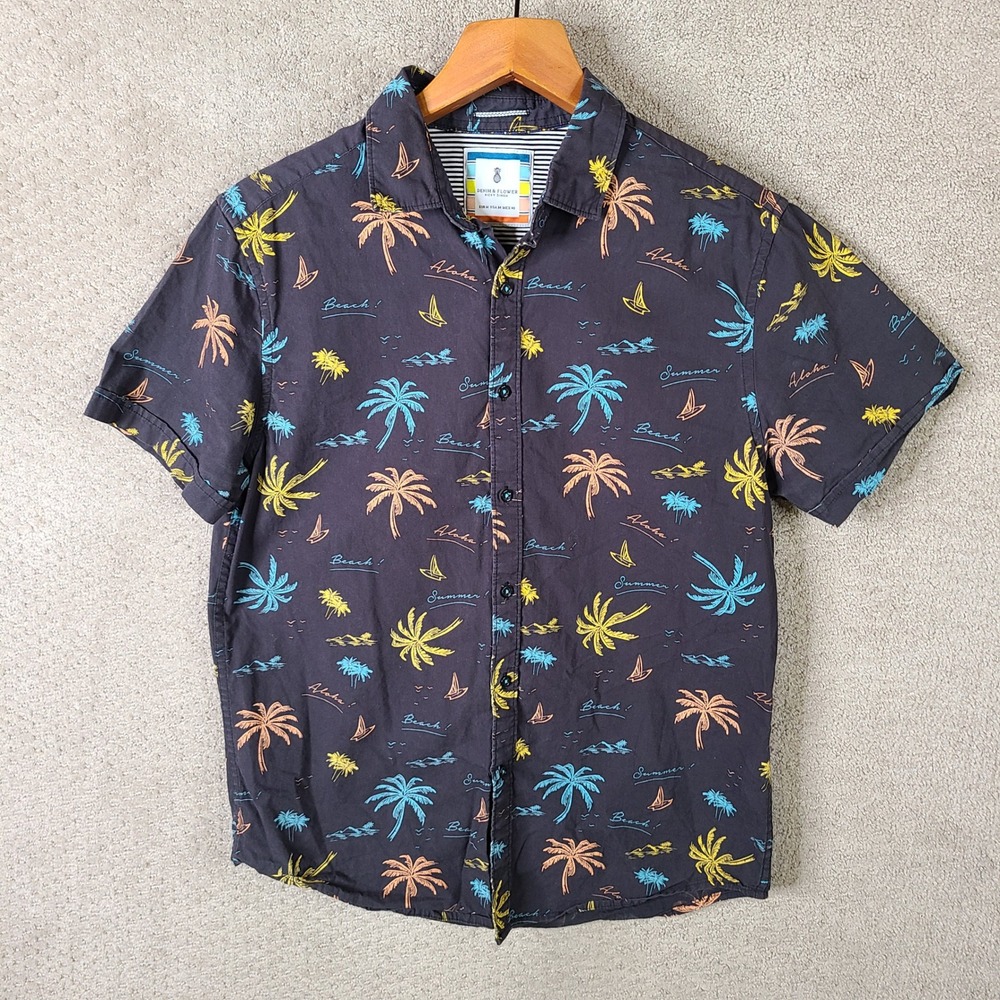 Denim‎ Flower Ricky Singh Shirt Mens M Hawaiian Aloha Beach Palm Tree Button Up